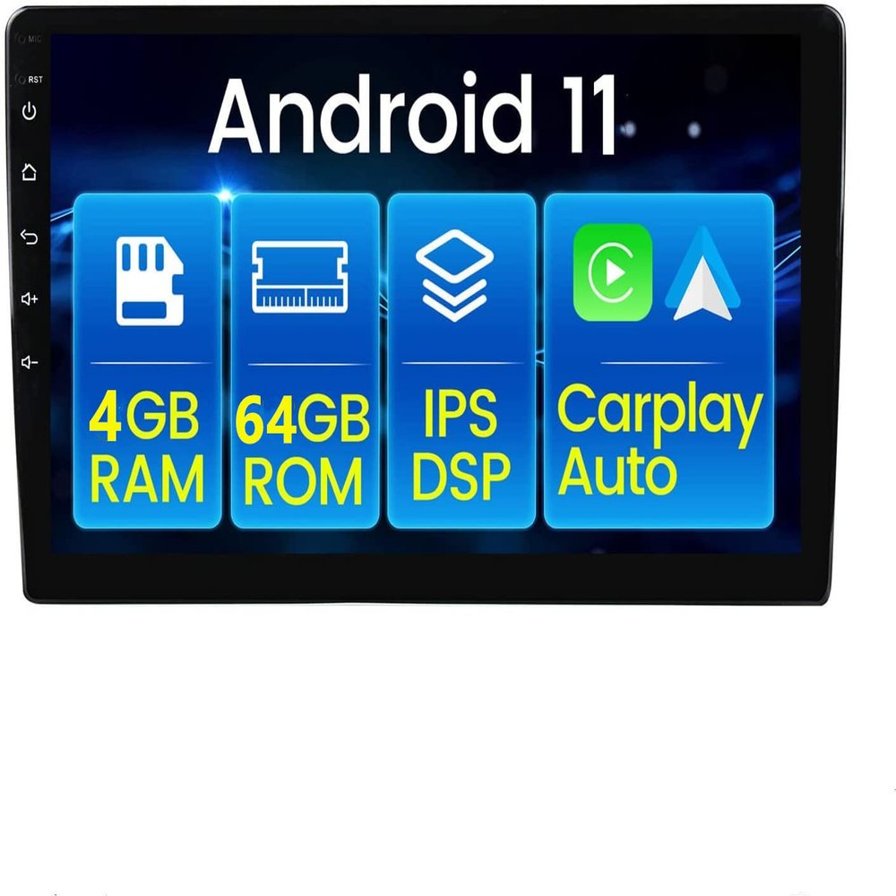 10 Inch Android 11 4GB+64GB Head Unit Car Stereo Compatible with Apple Carplay and Android Auto+4G SM Card Slot/WiFi+GPS+BT