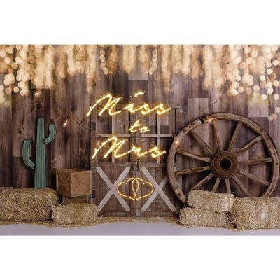 DORCEV 10x8ft Miss to Mrs Backdrop for Bridal Shower Party Decor Rustic Brown Wooden Wheel Wooden Wall Photography Background Decoration American Western Cowboy Wedding Engagement Bokeh Photo Props