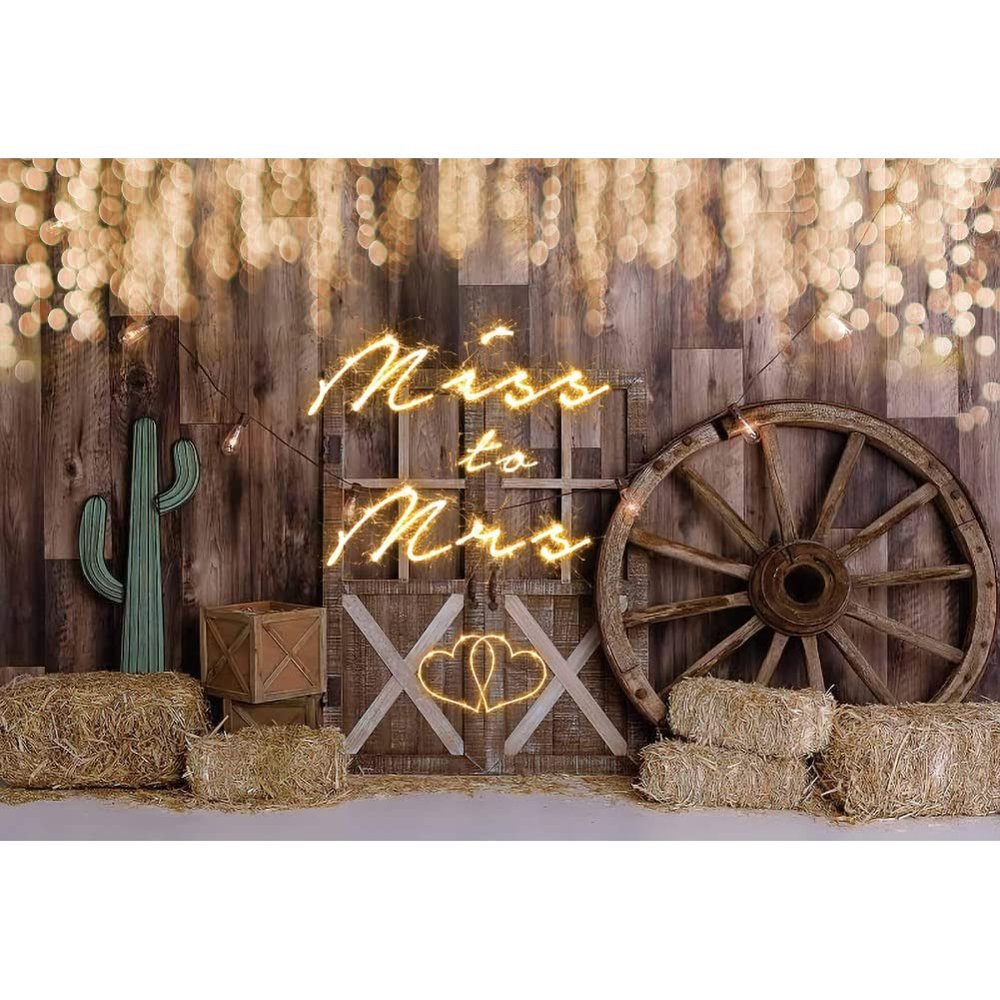 DORCEV 10x8ft Miss to Mrs Backdrop for Bridal Shower Party Decor Rustic Brown Wooden Wheel Wooden Wall Photography Background Decoration American Western Cowboy Wedding Engagement Bokeh Photo Props