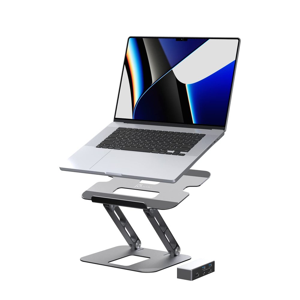 j5create Laptop Stand with USB C 4K HDMI Display Hub - 2 USB A 5Gbps, PD 100W with USB-C 5Gbps | Aluminum Computer Riser for MacBook and Windows Notebook (JTS327)
