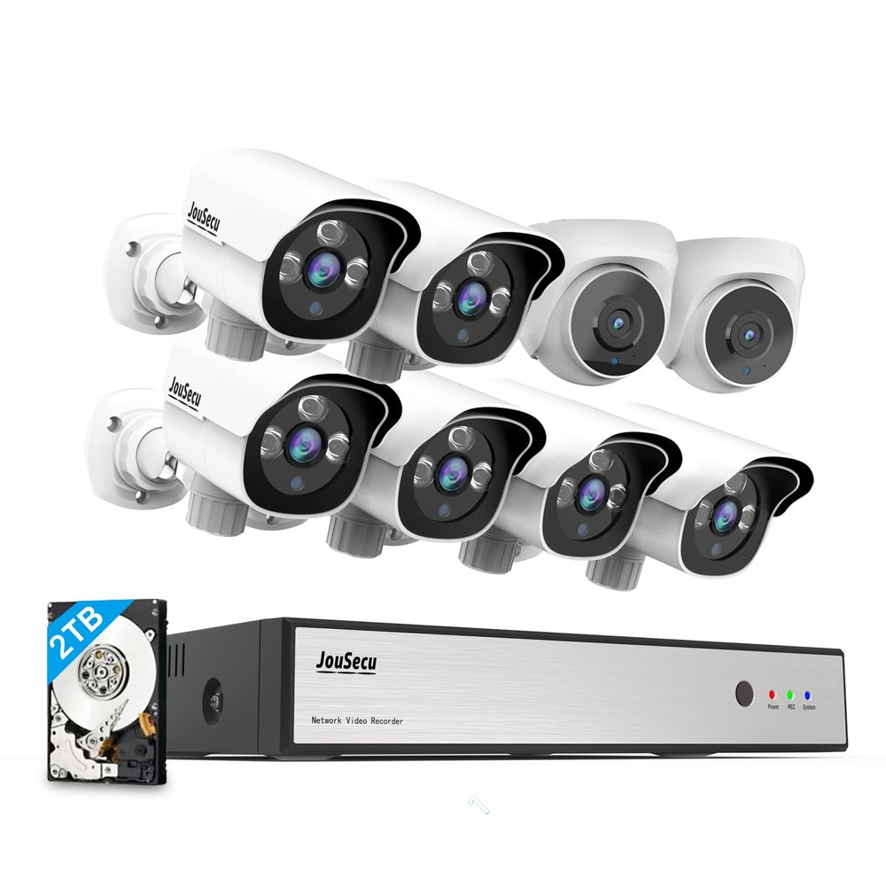 JouSecu 8CH Home Security Camera System, 8pcs Wired 3MP PoE IP Cameras for Outdoor and Indoor, One-Way Audio, 8 Channel NVR with 2TB HDD for 24-7 Recording, Night Vision