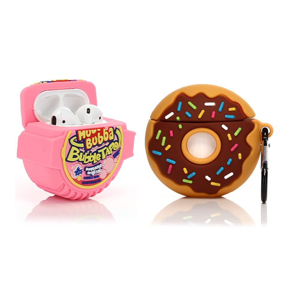(2 Pack) BGAANM Cute Airpods 1/2 Case Silicone Cover with Keychain, Cartoon Skin Design Headphones Charging Case Protective Cover Accessories Kits Compatible for Airpods 1 and 2 (Bubble+Donuts)