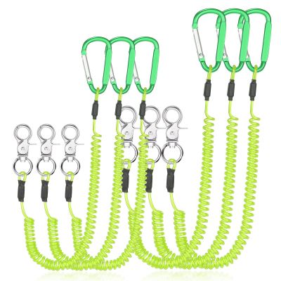 Woanger 6 Pack Fishing Lanyard Steel Wire Coiled Lanyard Tool Lanyards for Hand Tools Kayak Retractable Tool Leash Fishing Rod Safety Lanyards Gear with Alloy Clips for Pliers Boating(Green)