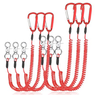 Woanger 6 Pack Fishing Lanyard Steel Wire Coiled Lanyard Tool Lanyards for Hand Tools Kayak Retractable Tool Leash Fishing Rod Safety Lanyards Gear with Alloy Clips for Pliers Boating(Red)