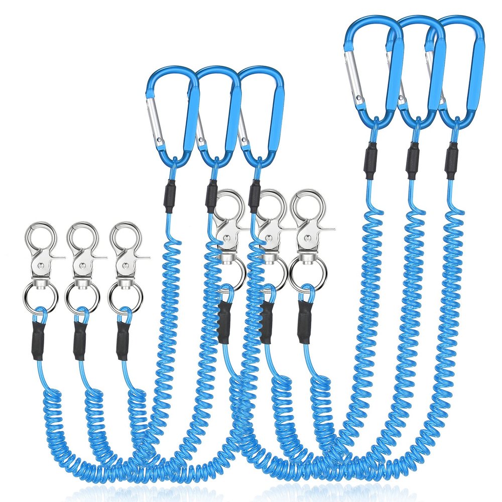 Woanger 6 Pack Fishing Lanyard Steel Wire Coiled Lanyard Tool Lanyards for Hand Tools Kayak Retractable Tool Leash Fishing Rod Safety Lanyards Gear with Alloy Clips for Pliers Boating(Blue)