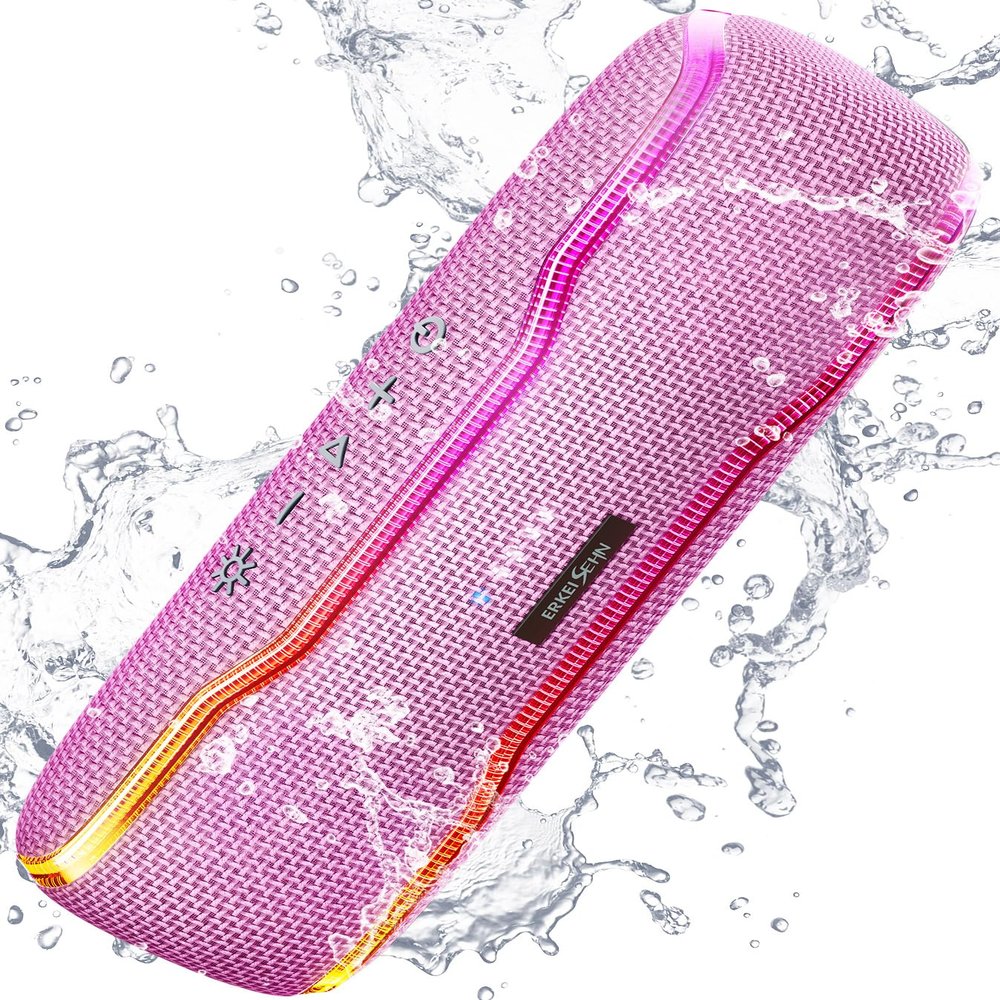 ERKEI SEHN Bluetooth Speaker, IPX7 Waterproof Wireless Speakers, Flashing Light, 25W Super Bass, 24H Playtime, Birthday Valentines Gifts for Him/Men, TWS Pairing, Beach Vacation Essentials, Pink