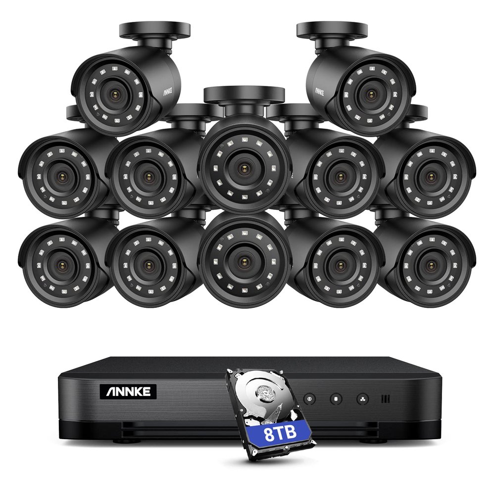 ANNKE H.265+ 1080p 16 Channel Security Camera System for Home,16 Channel 5 in 1 DVR with Hard Drive 8TB and 12 x 1080p Surveillance Bullet Camera Outdoor Indoor with 100ft Night Vision, Remote Access