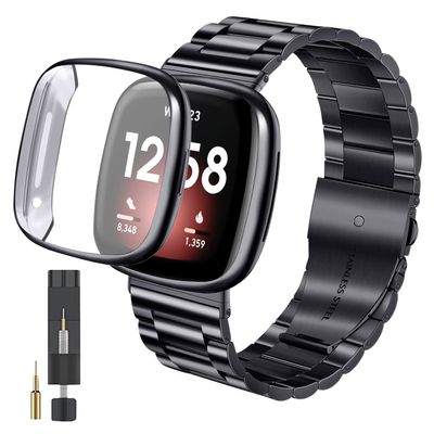 ZPJPPLX for Fitbit Versa 3 and Fitbit Sense Metal Quick Release Straps,Stainless Steel Band with Soft TPU Full Cover Protective Cases for Women Men,Black