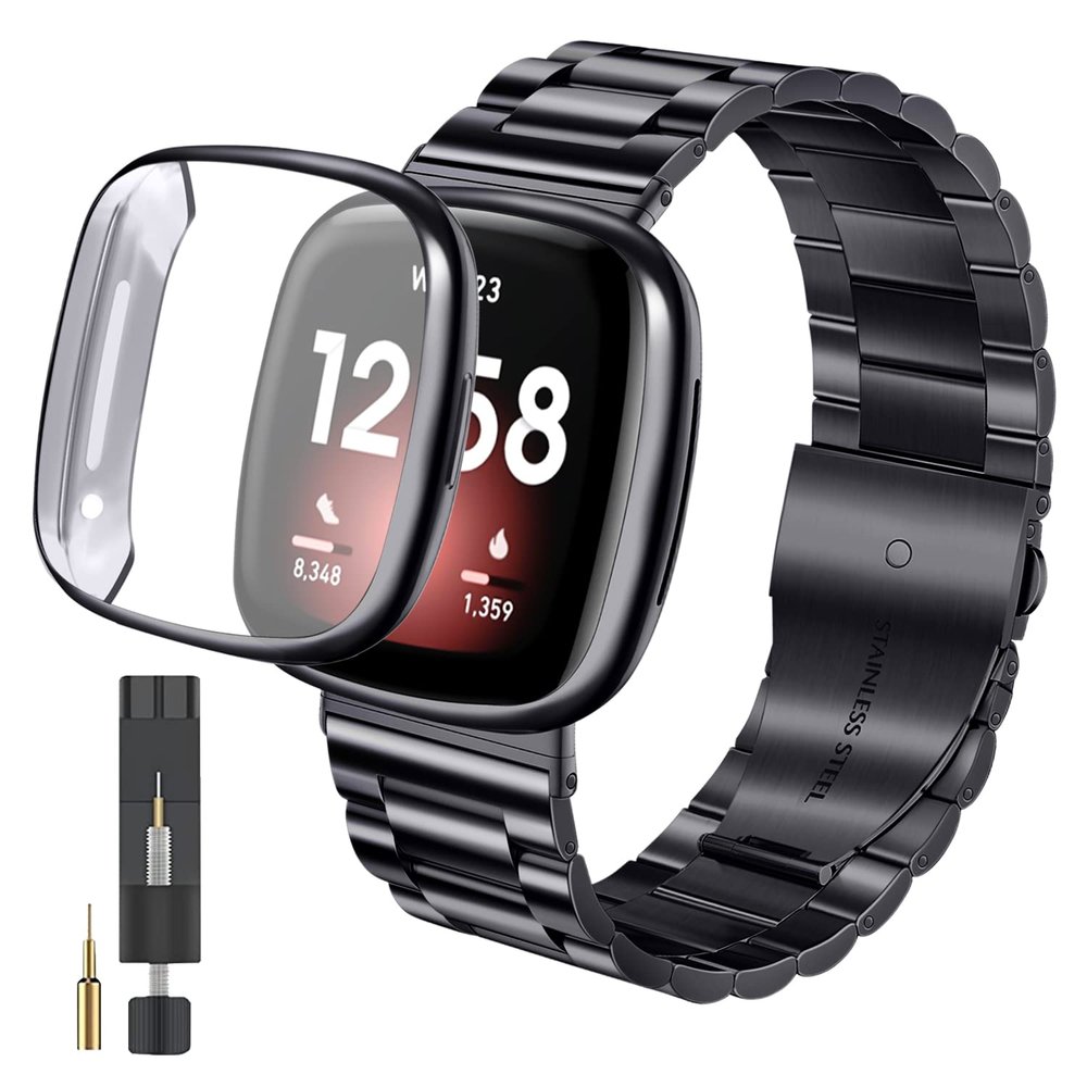 ZPJPPLX for Fitbit Versa 3 and Fitbit Sense Metal Quick Release Straps,Stainless Steel Band with Soft TPU Full Cover Protective Cases for Women Men,Black
