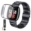 ZPJPPLX for Fitbit Versa 3 and Fitbit Sense Metal Quick Release Straps,Stainless Steel Band with Soft TPU Full Cover Protective Cases for Women Men,Black view 1