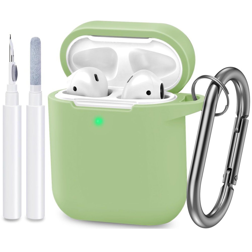 ATUAT Compatible with AirPods Case Cover, Full Protective Silicone Skin Dust-Proof Designed for Apple AirPods 1st 2nd Generation with Keychain, Front LED Visible, Matcha