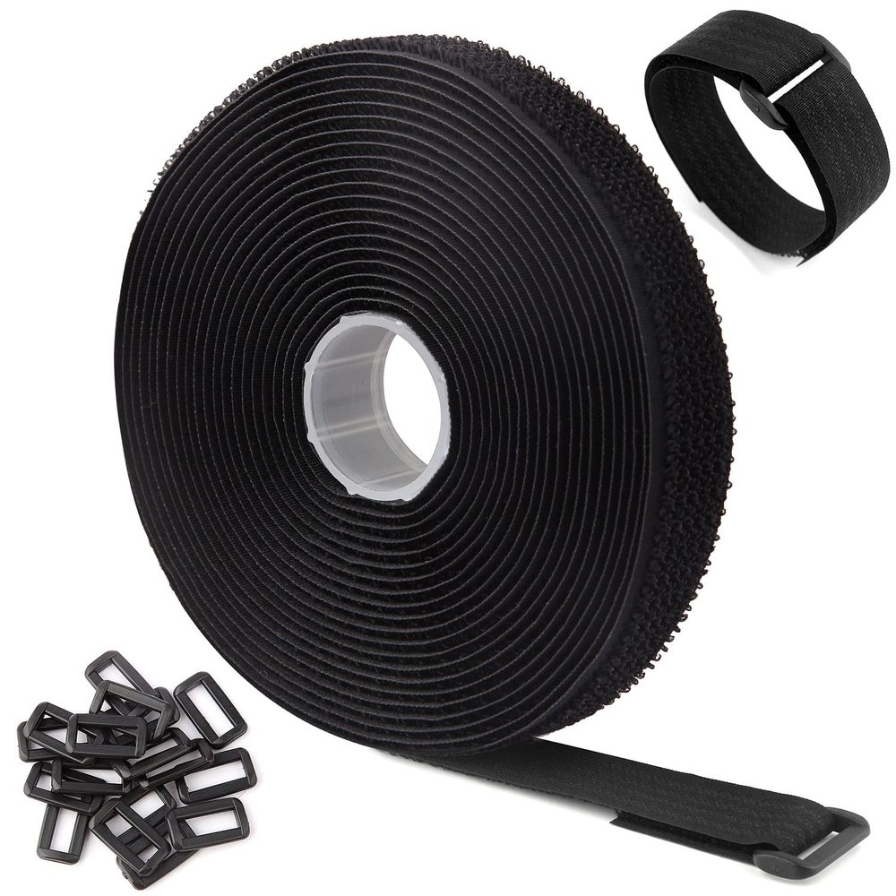 WSZJINB 16Ft x 0.8In Adjustable Cable Straps with Buckles, Free Cut Length, Black Reusable Fastening Cable Ties, Hook and Loop Securing Strap for Cable Tidy, Wire Management, Cord Organiser