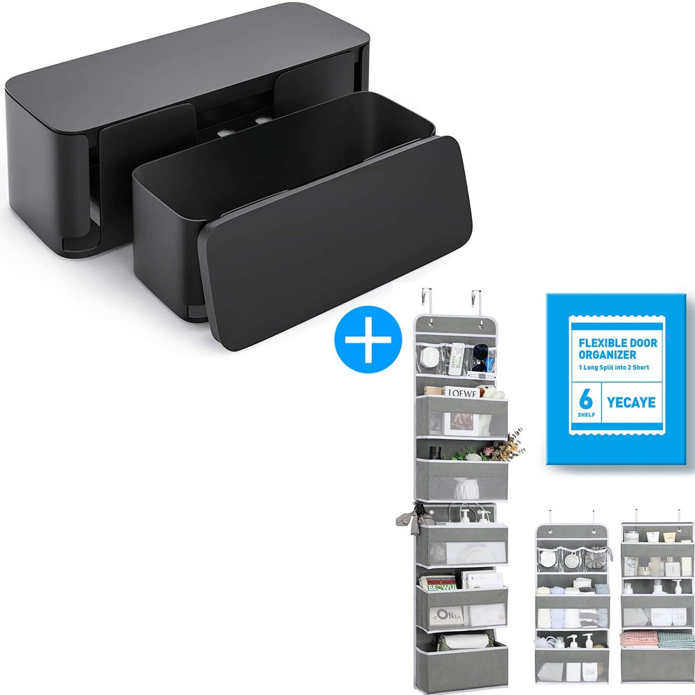 2PCS Black Cable Management Box and 1PCS Over The Door Organizer Bundle