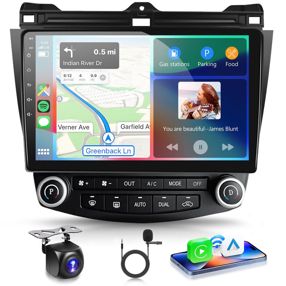Android 15 Car Stereo for Honda Accord 2003-2007 Radio Wireless Carplay Android Auto 10.1 inch 1080P HD IPS Touch Screen DSP EQ Built-in GPS MirrorLink WiFi Bluetooth FM/RDS AHD Backup Camera Mic