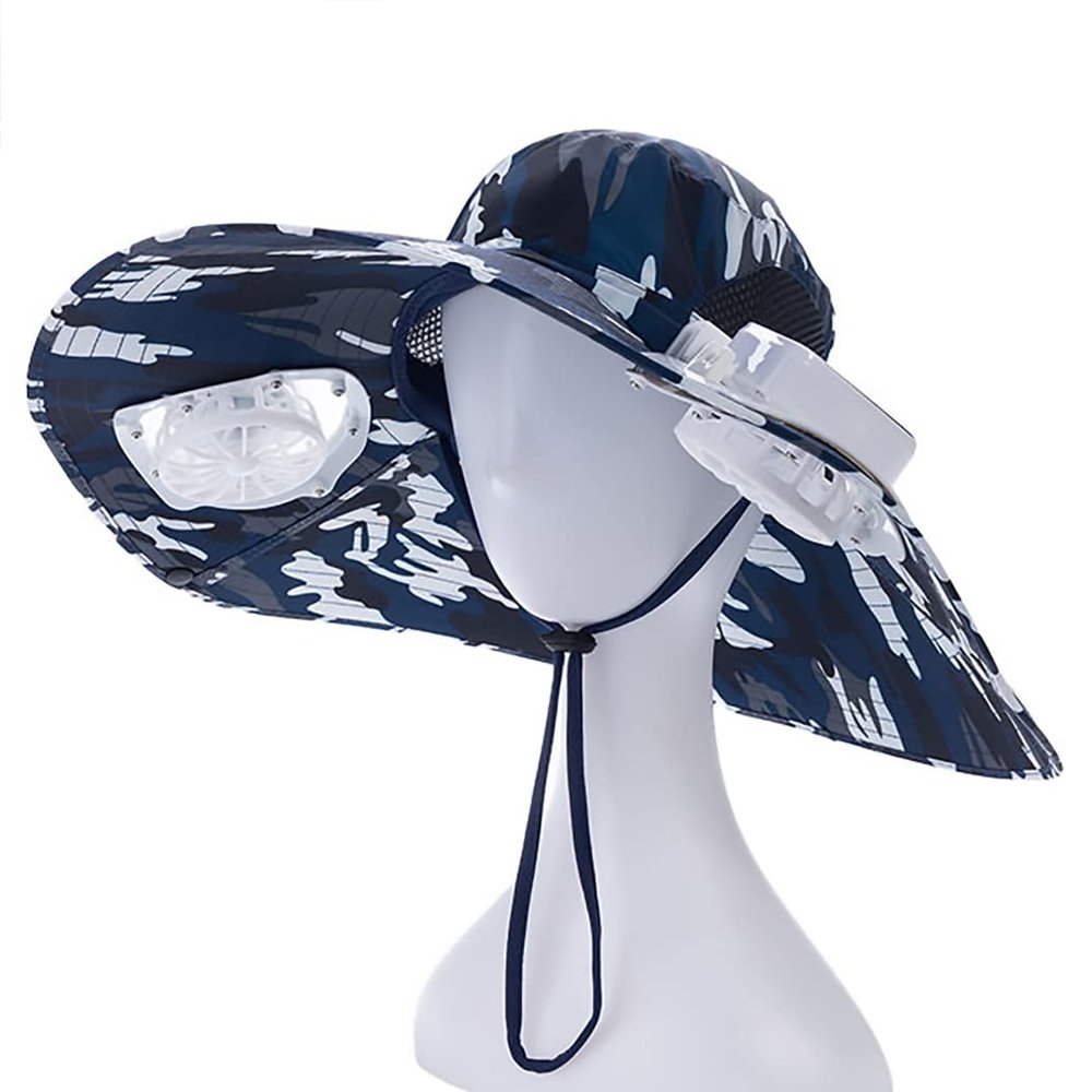 Mens Sun Hat with 2 Fan, Summer Cooling Wide Brim Bucket Hat, Beach Hat Garden Hat, Solar + USB Dual Power Supply, Great for Outdoor Travel, Mountaineering, Gardening, Fishing,Blue,One Size