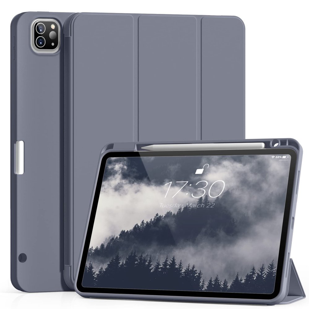 Aoub New iPad Pro 12.9 Case 6th Generation 2022 / 5th Gen 2021/ 4th Gen 2020 with Built-in Pencil Holder, Auto Wake/Sleep, Slim Stand Soft Back Shell Smart Cover for iPad Pro 12.9 Inch, Purple Gray
