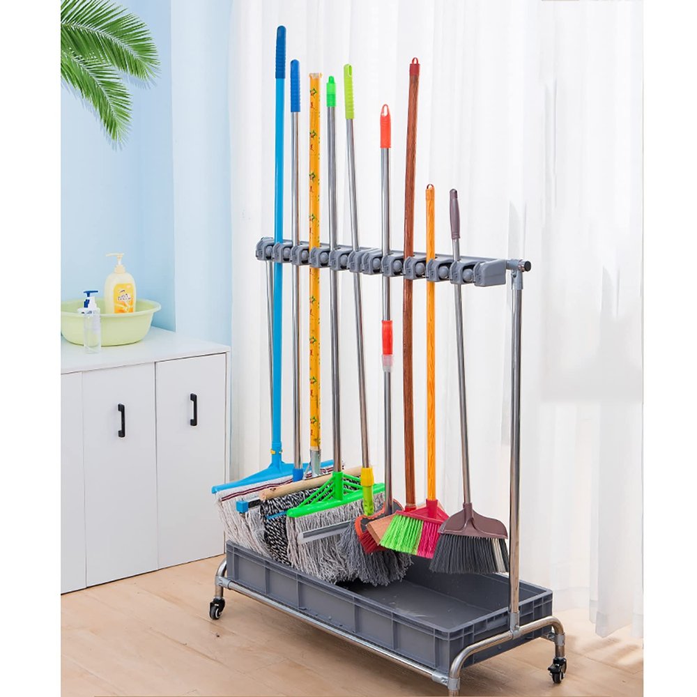 WXZX Broom Holder OrganizerBroom and Mop Holder Put Wet Mops Movable Floor-Mounted Mop Rack Floor Standing Cleaning Tool Cart Storage for Garden Garage Schools, Hospitals, Factories, Hotels