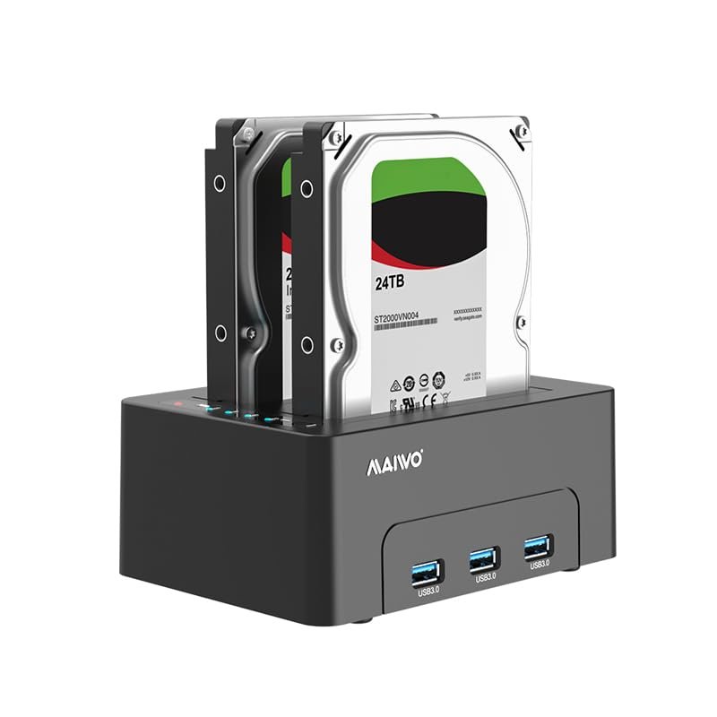 MAIWO Dual Bay Hard Drive Docking Station with Offline Clone for 2.5 3.5 Inch SATA HDD SSD, 3X USB 3.0 Hub Extension, 48TB Capacity, External Hard Drive Duplicator Cloner Copier