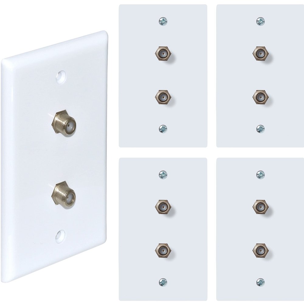 Newhouse Hardware 2-Port TV Cable Wall Plate, F Connector, for Coax Cable, Double Gang Video Wall Jack, 5-Pack, White