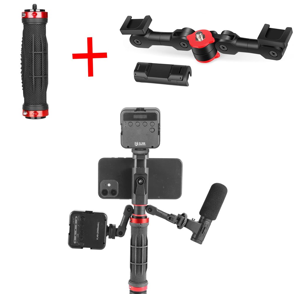 ChromLives Universal Camera Handle Grip + Dual Cold Shoe Mount Adapter with Phone Clip,Super Phone Vlog Accessory
