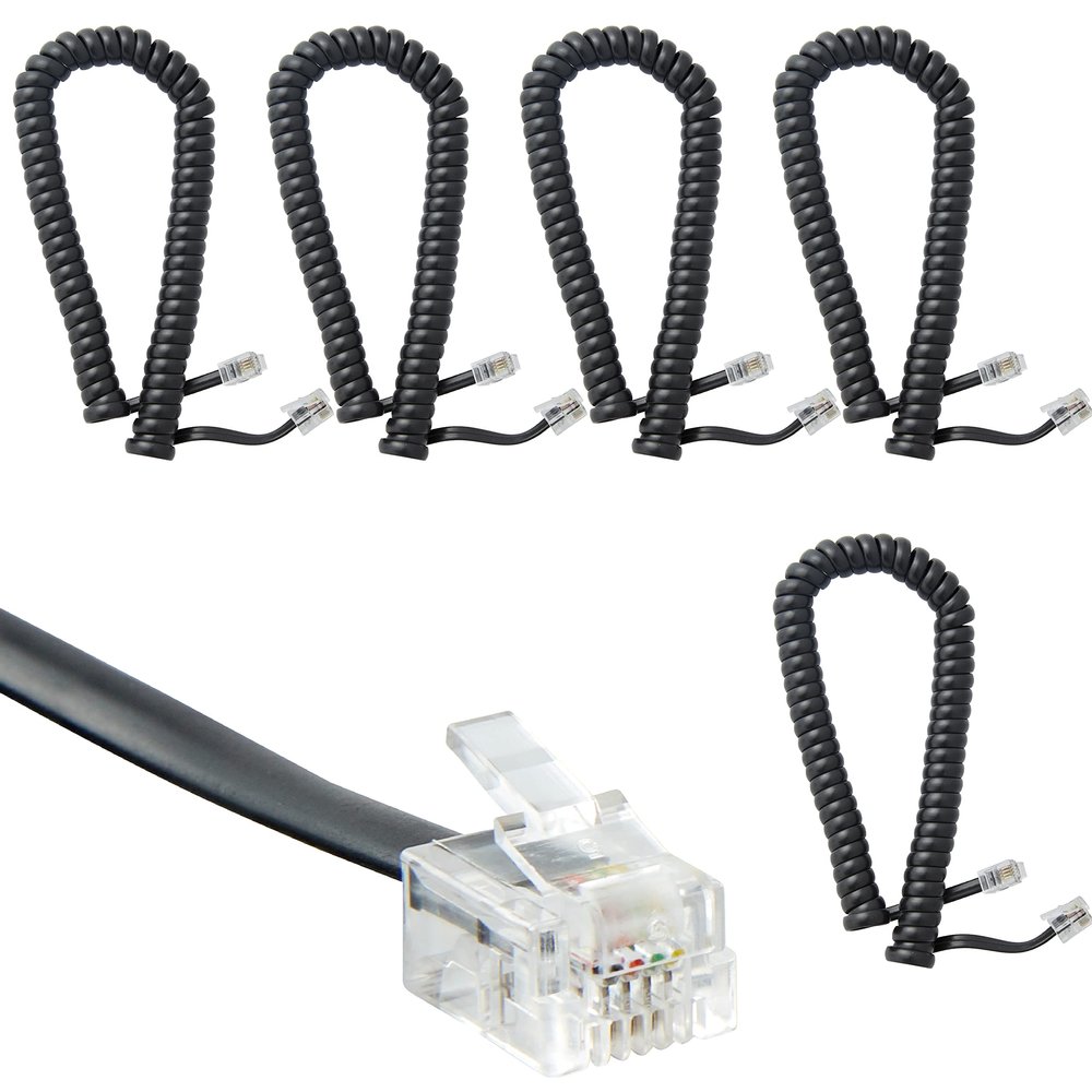 Newhouse Hardware 7 ft Uncoiled/1.33 ft Coiled Telephone Handset Cord, with RJ9 (4P4C) Connectors, Used to Connect The Telephone and Handset, 5-Pack, Black