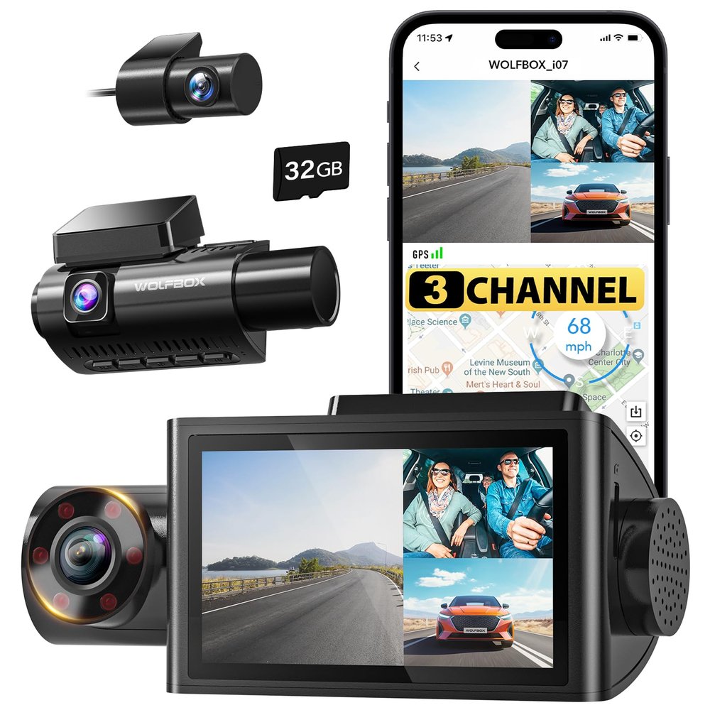 WOLFBOX i07 3 Channel Dash Cam Built-in WiFi GPS, 4K Dash Camera Front and Inside, 1440P+1080P+1080P Triple Car Camera with 3" LCD Screen, 32GB Card Included, IR Night Vision, 24H Parking Mode