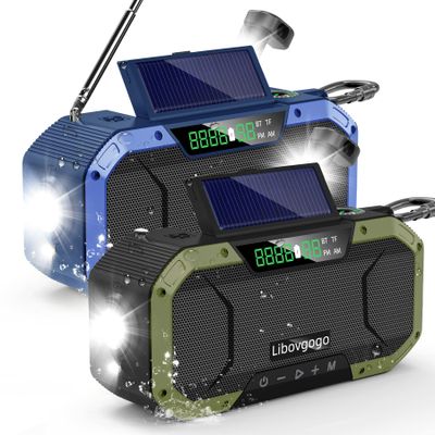 Emergency Radio Waterproof Bluetooth Speaker,Portable Digital AM FM Radio with Flashlight,Reading Lamp,Hand Crank NOAA Weather Radio with Solar Panel,5000mAH Cell Phone Charger,Emergency Survival Kit