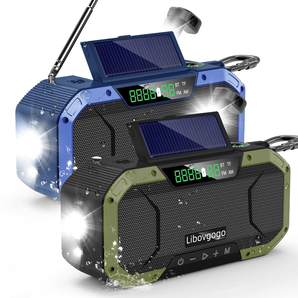 Emergency Radio Waterproof Bluetooth Speaker,Portable Digital AM FM Radio with Flashlight,Reading Lamp,Hand Crank NOAA Weather Radio with Solar Panel,5000mAH Cell Phone Charger,Emergency Survival Kit