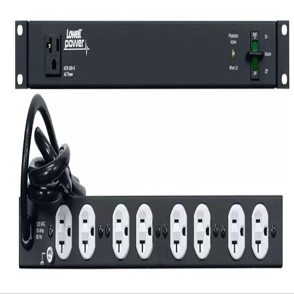 Lowell ACR-209-S Power Distribution Panel; 9 (20A) x Outlets; 120VAC; Basic Surge Protection with LED Status Indicator; 9ft. Attached Power Cord; with NEMA 5-20P Plug; Lighted Rocker On/Off Switch