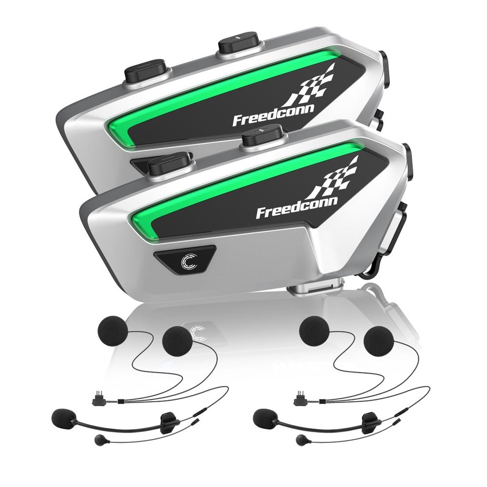 FreedConn FX Motorcycle Bluetooth Headset with Music Sharing, 2pcs FX 10 Riders 1500m Group Helmet Bluetooth Intercom with Noise Cancellation/FM Radio, /Universal Pairing/Silver Ultra-Thin Body