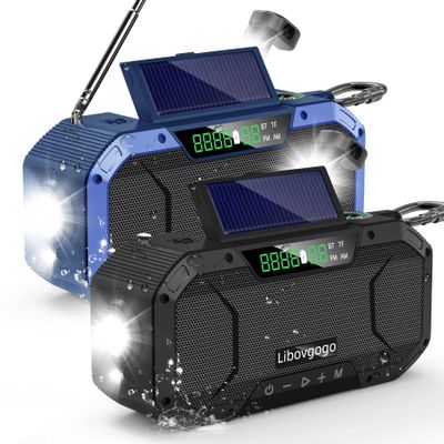 Emergency Radio Waterproof Bluetooth Speaker,Portable Digital AM FM Radio with Flashlight,Reading Lamp,Hand Crank NOAA Weather Radio with Solar Panel,5000mAH Cell Phone Charger,Emergency Survival Kit