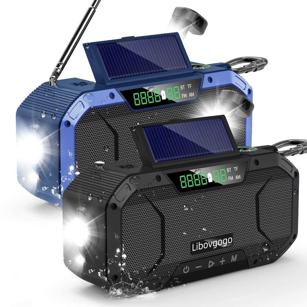 Emergency Radio Waterproof Bluetooth Speaker,Portable Digital AM FM Radio with Flashlight,Reading Lamp,Hand Crank NOAA Weather Radio with Solar Panel,5000mAH Cell Phone Charger,Emergency Survival Kit