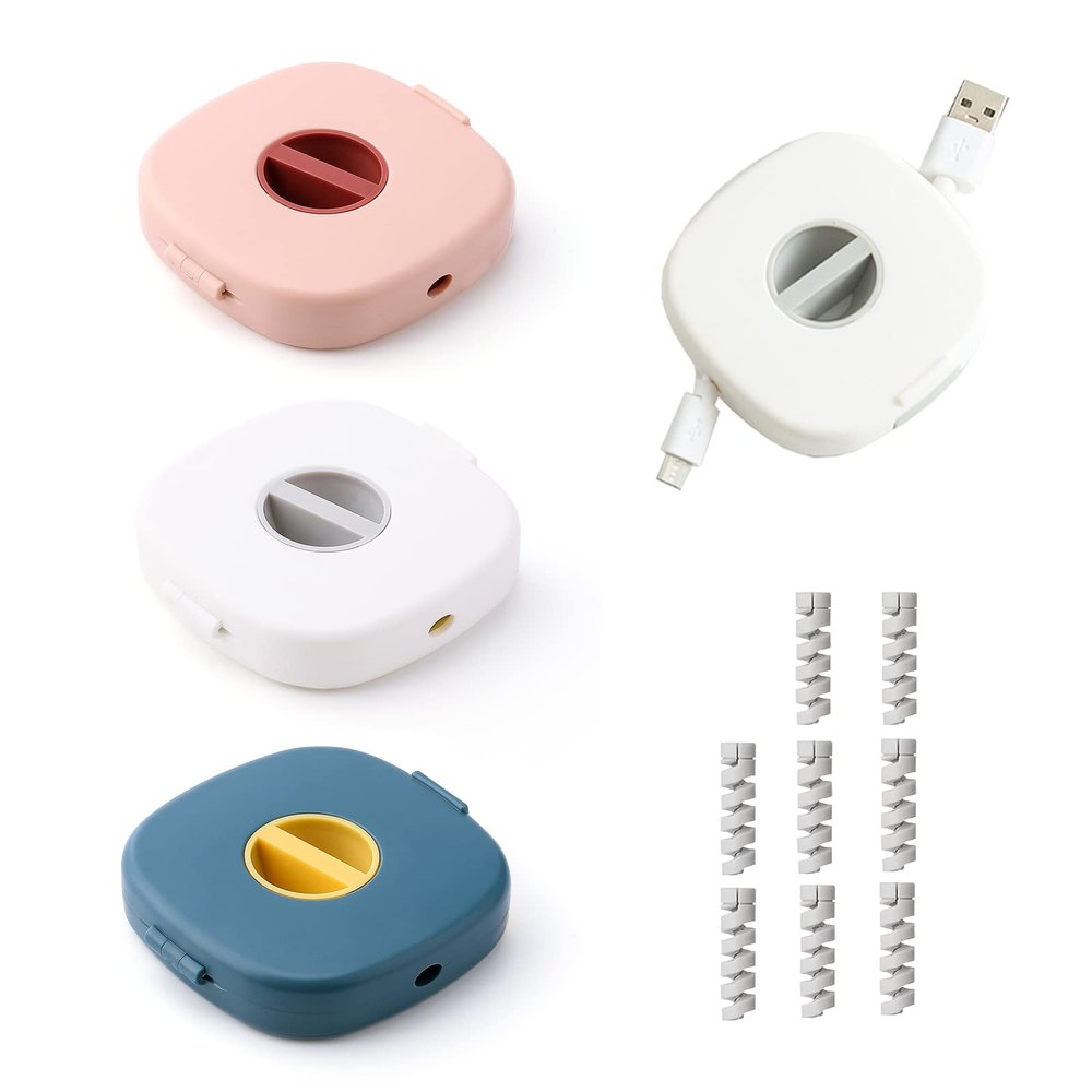 CARURLIFF 4 PCS Retractable Cable Management Mini Headphone Cable Winder Organizer Mouse Cable Reel and 8 PCS Cable Protector