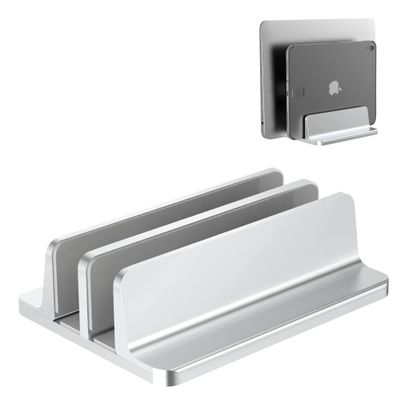 BULL-TECH New Vertical Laptop Stand, Adjustable 2 Slot Aluminum Desktop Holde(Up to 17.3 inch), Fits All MacBook/Microsoft Surface/HP/Dell/ChromeBook/iPad and Gaming Laptops (Silver)