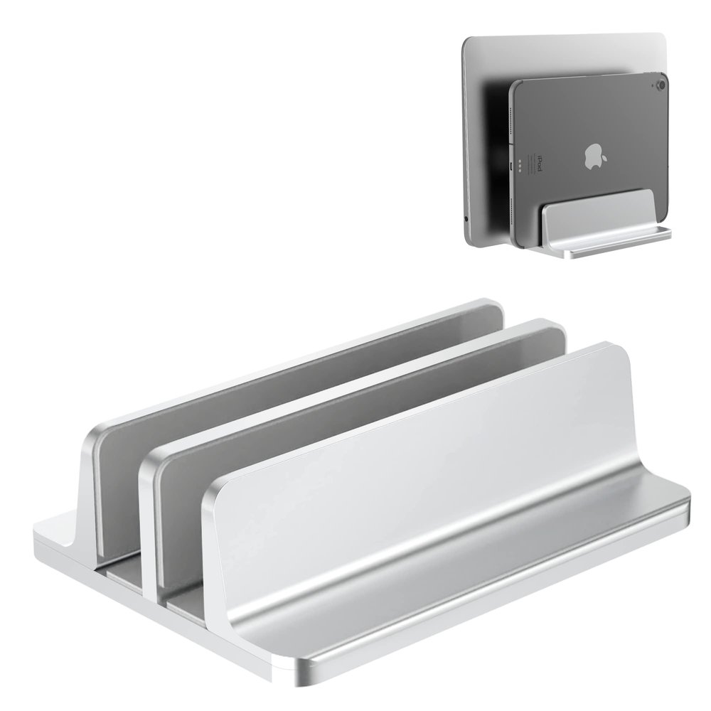 BULL-TECH New Vertical Laptop Stand, Adjustable 2 Slot Aluminum Desktop Holde(Up to 17.3 inch), Fits All MacBook/Microsoft Surface/HP/Dell/ChromeBook/iPad and Gaming Laptops (Silver)