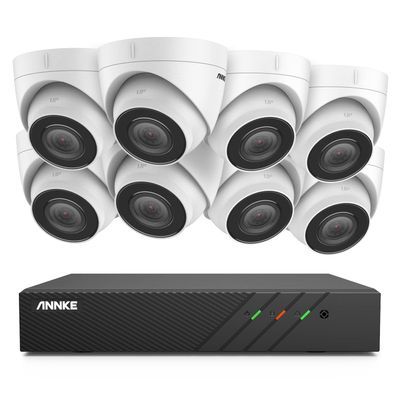 ANNKE H500 8CH PoE Home Security Camera System w/6MP NVR, 8X 5MP Outdoor Turret Cameras, IP67 Weatherproof Surveillance Camera, 24/7 Protection, Audio Recording, 100ft Color Night Vision, (No HDD)