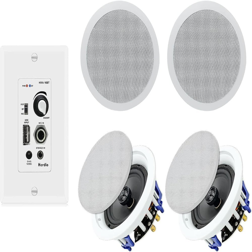 Herdio Home Audio Package in Wall Bluetooth Amplifier Volume Control Receiver Wall Plate with 6.5 Inch 640W Ceiling Speakers(2 Pairs)