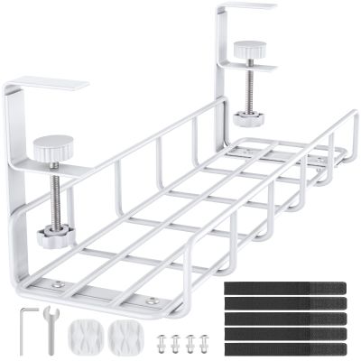 15.7 Under Desk Cable Management Tray, No Drill Steel Cable Tray Organizers, Wire Management Tray Cable Rack with Clamp Mount, Metal Under Desk Tray with Wire and Cord Organizer (White, 1 Pack)