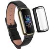 Elegant Slim Leather Compatible with Fitbit Luxe Watch Band,Strap Wristband, Soft Bracelet Replacement, Screen Protector(Black Black) view 1