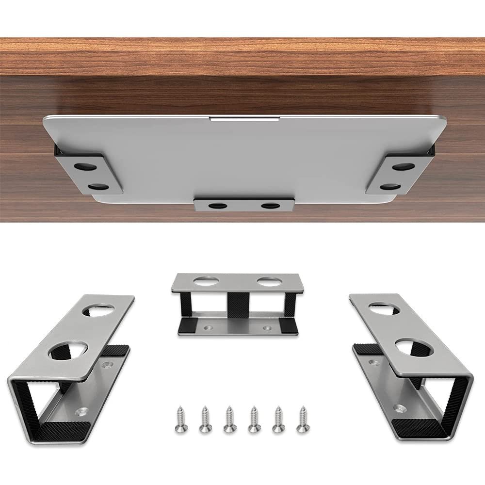 IFCASE Under Desk Laptop Mount, Metal Under Desk Shelf Holder for Laptop, Mac mini, MacBook, Keyboard with Anti-Scratch Silicone (Silver)