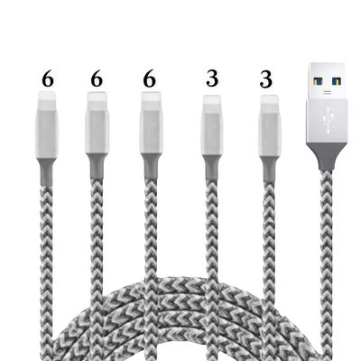 5 Pack 6/6/6/3/3 USB Nylon Charger Adapter Cable,Grey