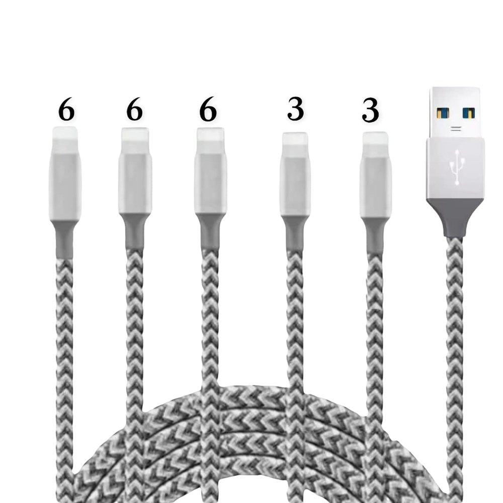 5 Pack 6/6/6/3/3 USB Nylon Charger Adapter Cable,Grey