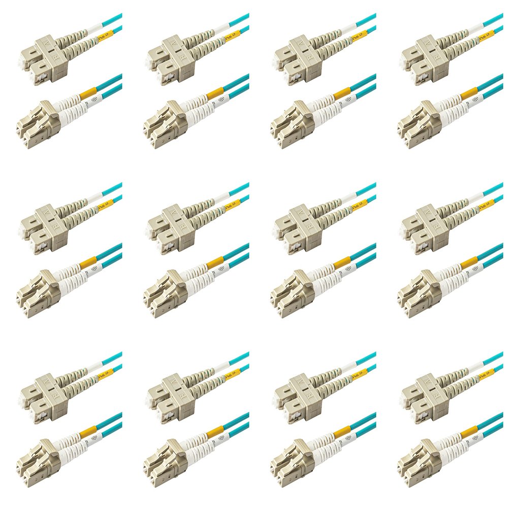 SpeedyFiberTX - 12-Pack 25 Meter Multimode OM3 Duplex SC to LC Fiber Patch Cable, Corning OM3 ClearCurve 50/125 Optical Fiber, Aqua Riser OFNR Cable Jacket