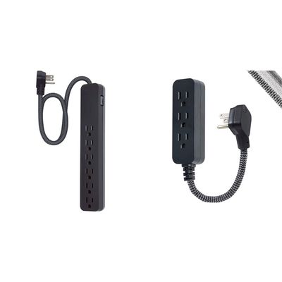 GE UltraPro 6 Outlet Surge Protector, 2 ft Designer Braided Extension Cord, Black, 44070 & Power Strip, 1 Foot Designer Braided Extension Cord, Black/Gray, 45191