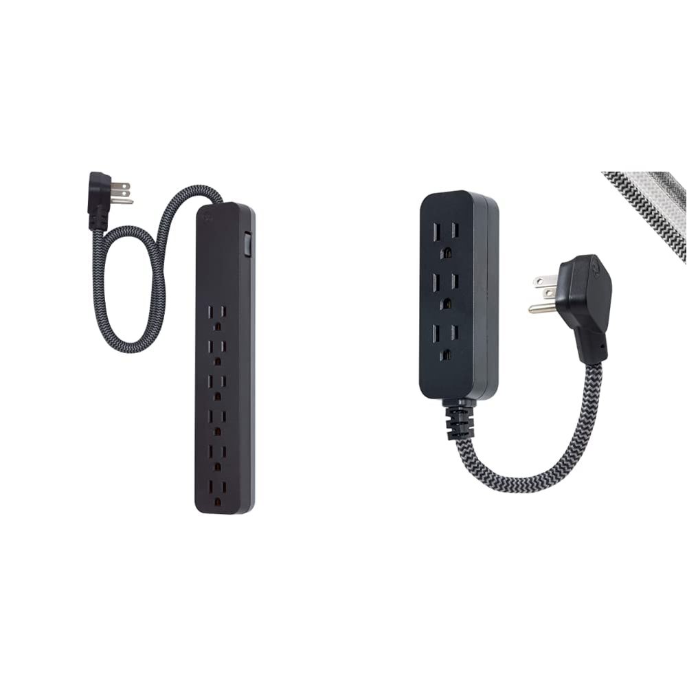 GE UltraPro 6 Outlet Surge Protector, 2 ft Designer Braided Extension Cord, Black, 44070 & Power Strip, 1 Foot Designer Braided Extension Cord, Black/Gray, 45191