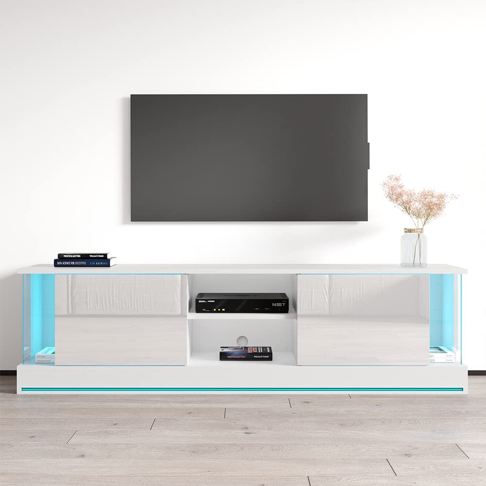 Meble Furniture Efecto 01 Modern High-Gloss TV Stand LED Lighting Engineered Wood, 63.8" W x 15.7" D x 19.3" H White