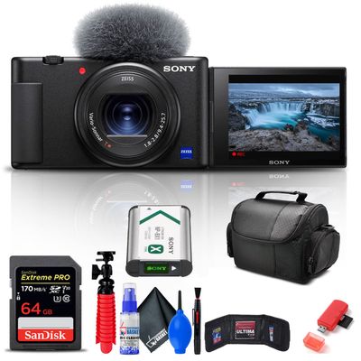 Sony ZV-1 Digital Camera (Black) (DCZV1/B) + 64GB Memory Card + Card Reader + Deluxe Soft Bag + Flex Tripod + Memory Wallet + Cleaning Kit (Renewed)