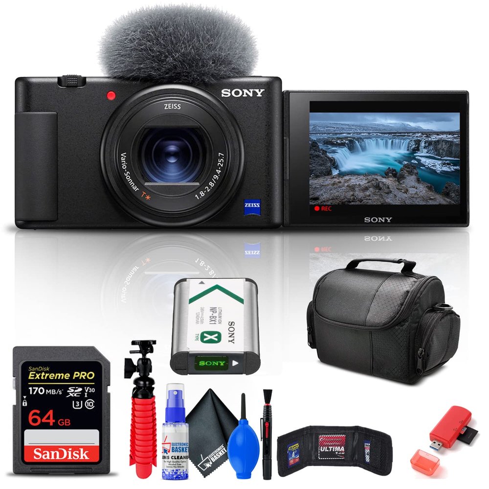 Sony ZV-1 Digital Camera (Black) (DCZV1/B) + 64GB Memory Card + Card Reader + Deluxe Soft Bag + Flex Tripod + Memory Wallet + Cleaning Kit (Renewed)