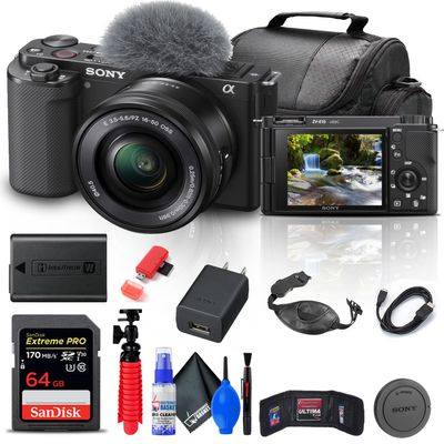 Sony ZV-E10 Mirrorless Camera with 16-50mm Lens (Black) (ILCZV-E10L/B) + 64GB Memory Card + Bag + Card Reader + HDMI Cable + Flex Tripod + Hand Strap + Memory Wallet + Cleaning Kit (Renewed)