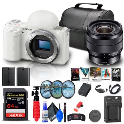 Sony ZV-E10 Mirrorless Camera (Body Only, White) (ILCZV-E10/W) + Sony E 10-18mm Lens + 64GB Memory Card + Filter Kit + Corel Photo Software + Bag + NPF-W50 Battery + External Charger + More (Renewed)